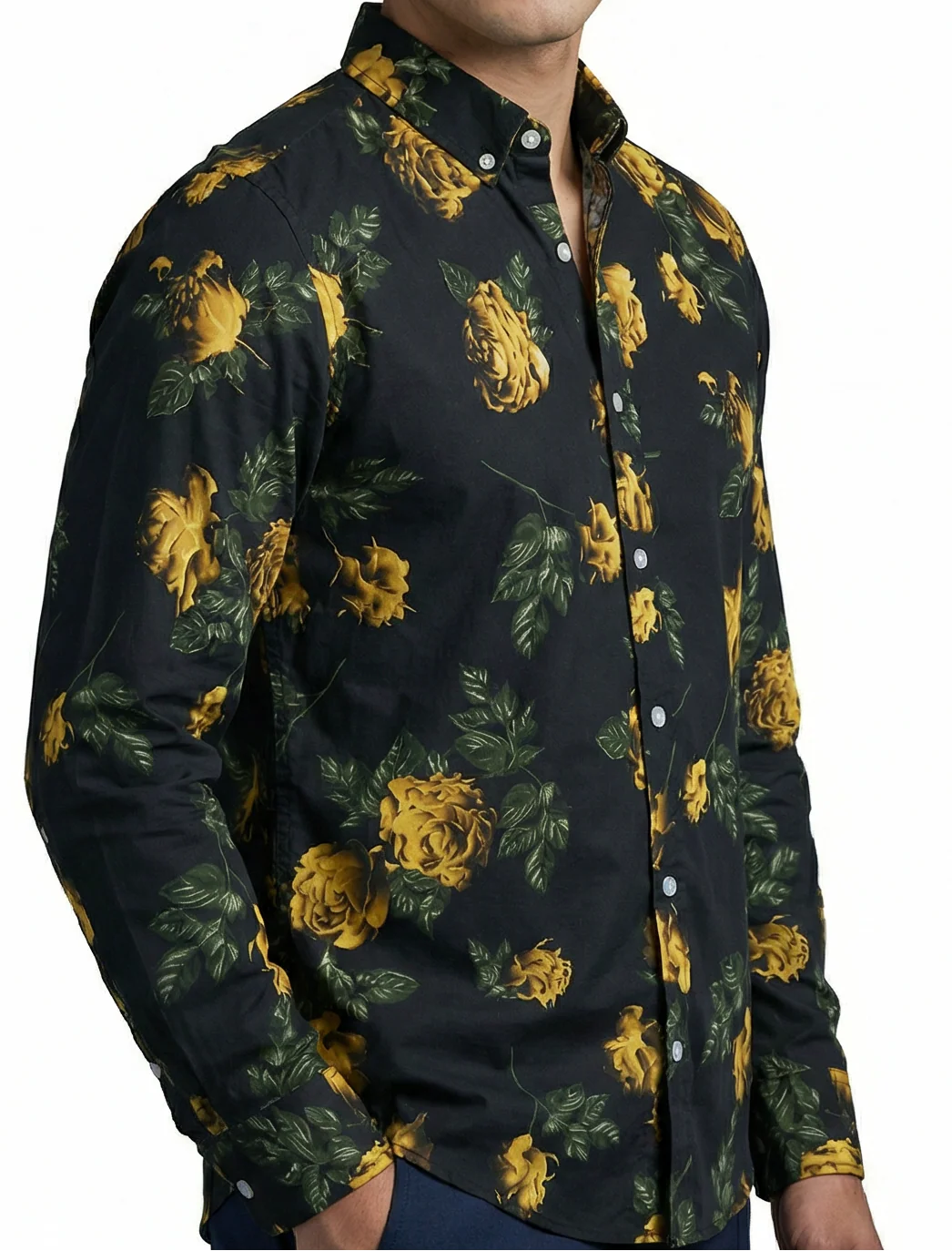 Camisa Hombre Casual Negra Rosas Doradas