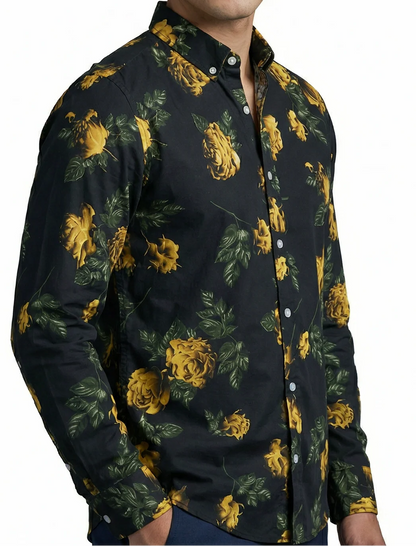 Camisa Hombre Casual Negra Rosas Doradas