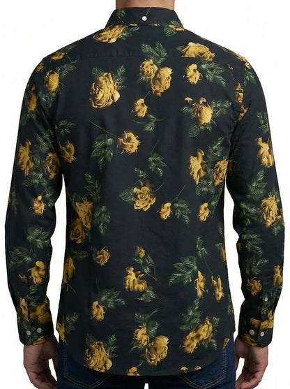 Camisa Hombre Casual Negra Rosas Doradas