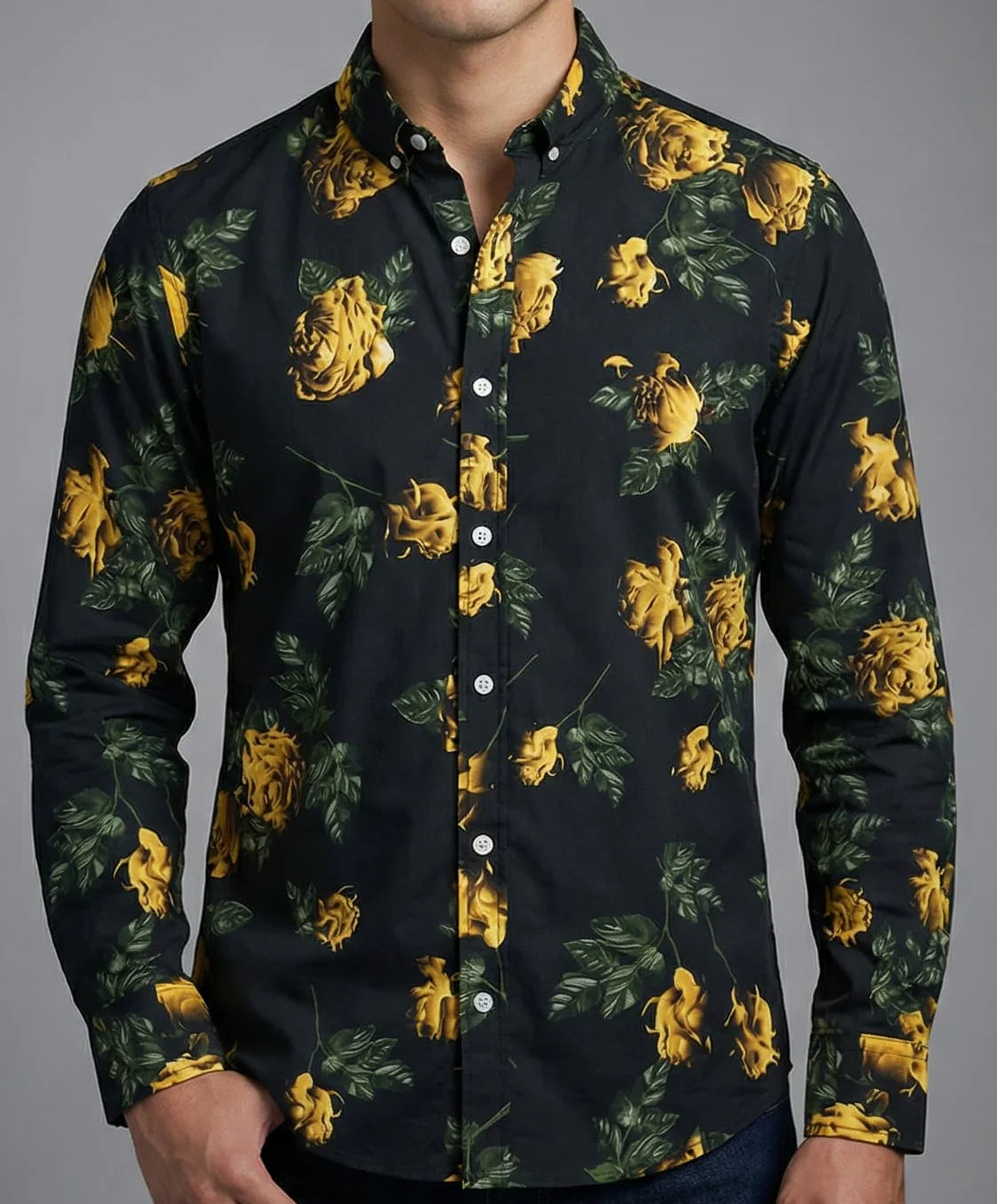 Camisa Hombre Casual Negra Rosas Doradas