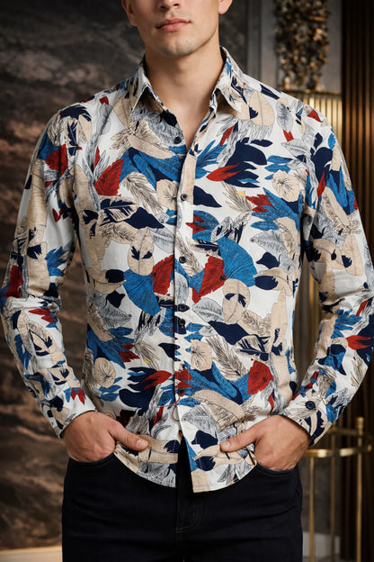 Camisa Hombre Casual Blanca Hojas Colores
