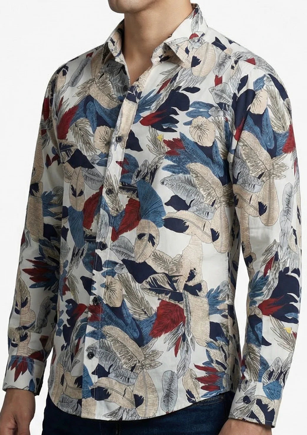 Camisa Hombre Casual Blanca Hojas Colores