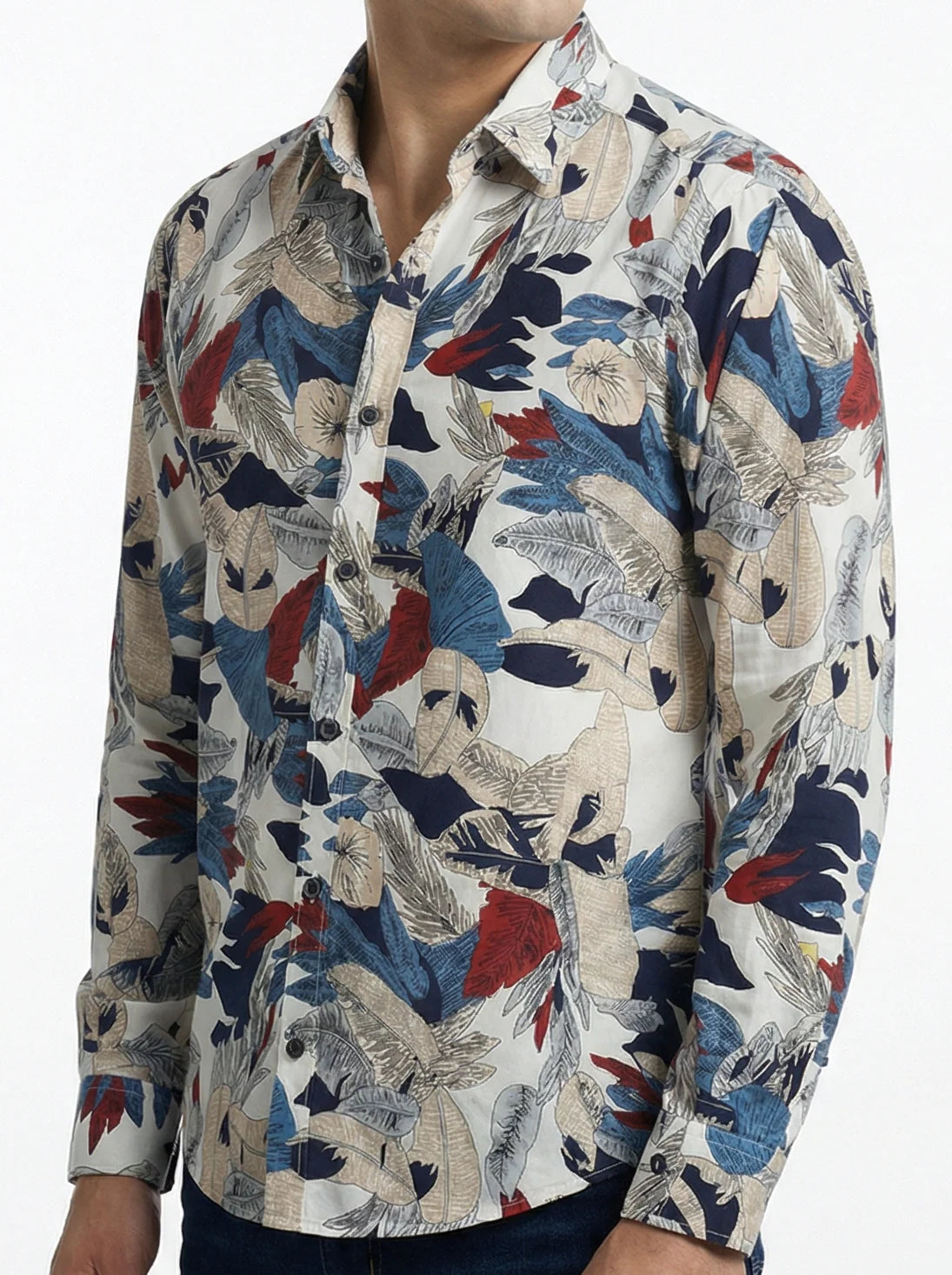 Camisa Hombre Casual Blanca Hojas Colores