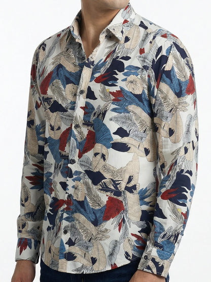 Camisa Hombre Casual Blanca Hojas Colores