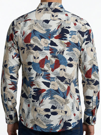 Camisa Hombre Casual Blanca Hojas Colores