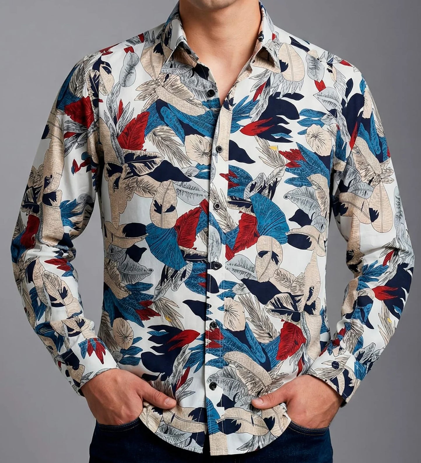 Camisa Hombre Casual Blanca Hojas Colores