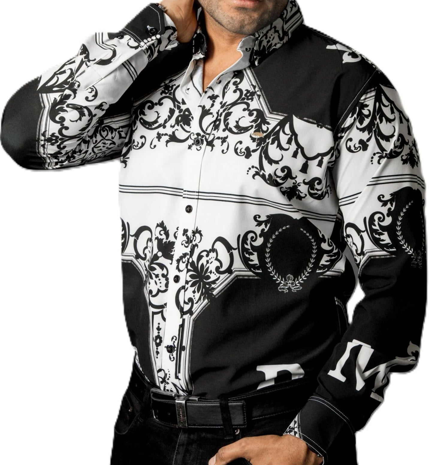 Camisa Hombre Casual Negra, Blanca Flores Barroco