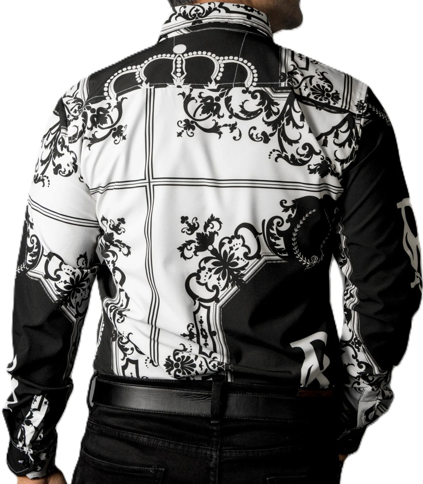 Camisa Hombre Casual Negra, Blanca Flores Barroco