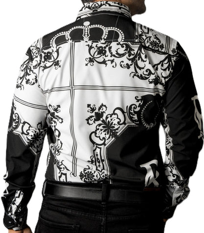 Camisa Hombre Casual Negra, Blanca Flores Barroco