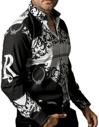 Camisa Hombre Casual Negra, Blanca Flores Barroco