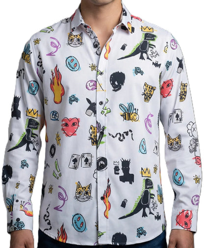 Camisa Hombre Casual Blanca Figuras Caricaturas Dinosaurio Fuego