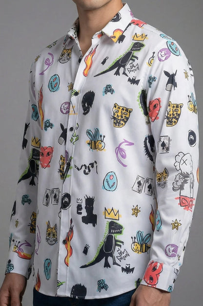 Camisa Hombre Casual Blanca Figuras Caricaturas Dinosaurio Fuego
