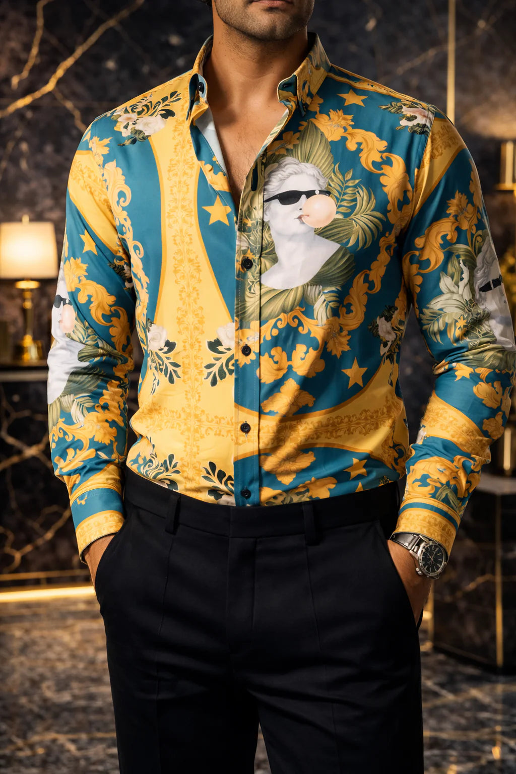 Camisa Hombre Casual Amarilla Verde Floreada Escultura David