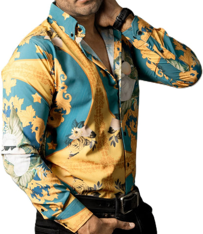 Camisa Hombre Casual Amarilla Verde Floreada Escultura David