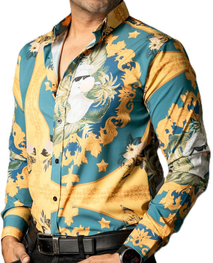 Camisa Hombre Casual Amarilla Verde Floreada Escultura David