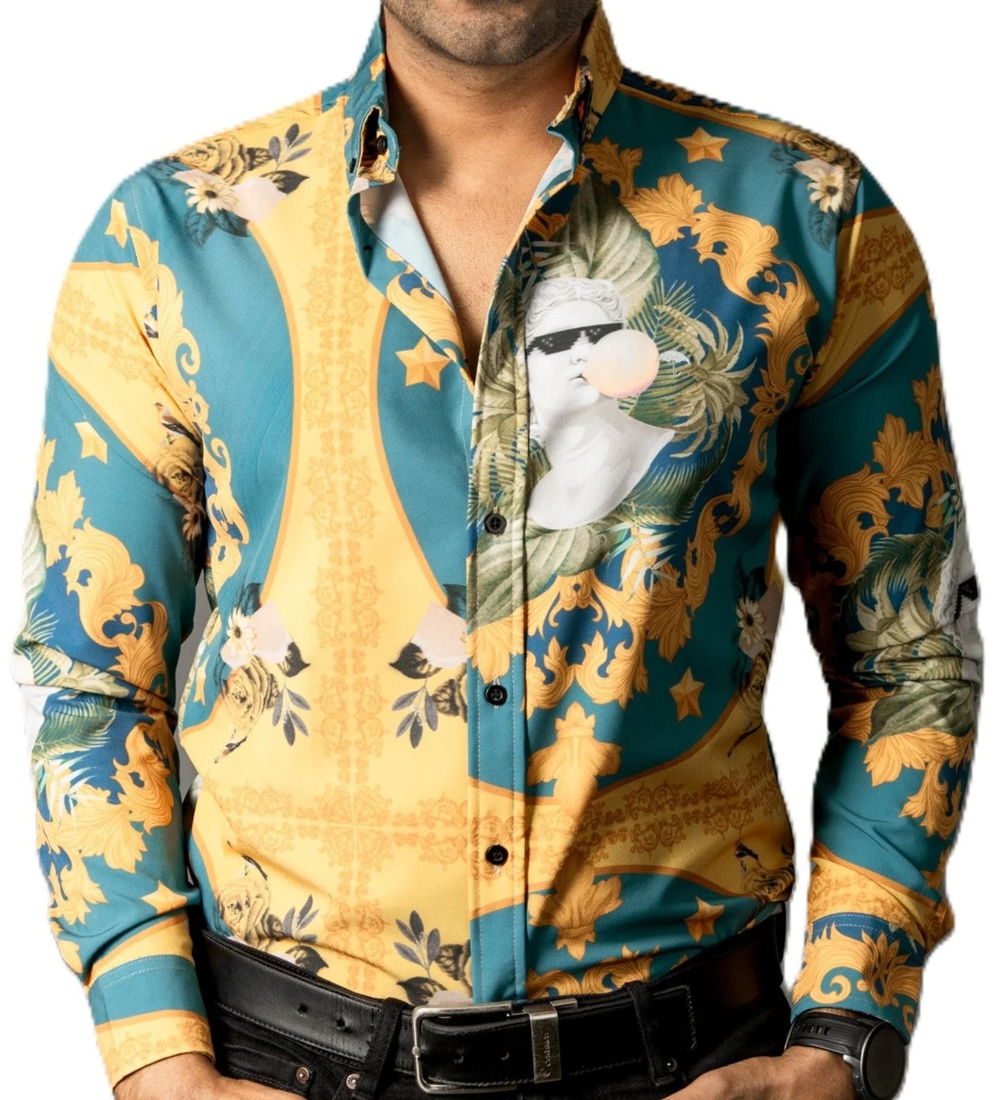 Camisa Hombre Casual Amarilla Verde Floreada Escultura David