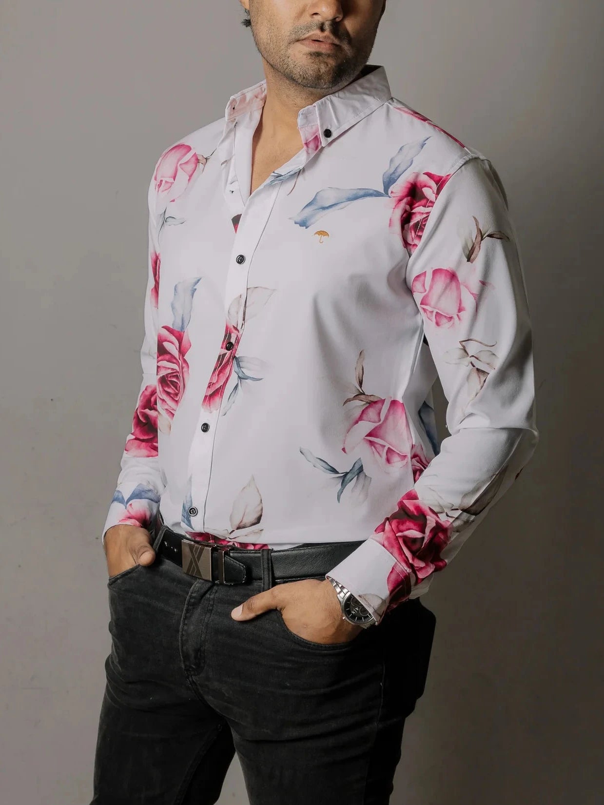 Camisa Hombre Casual Blanca Rosas