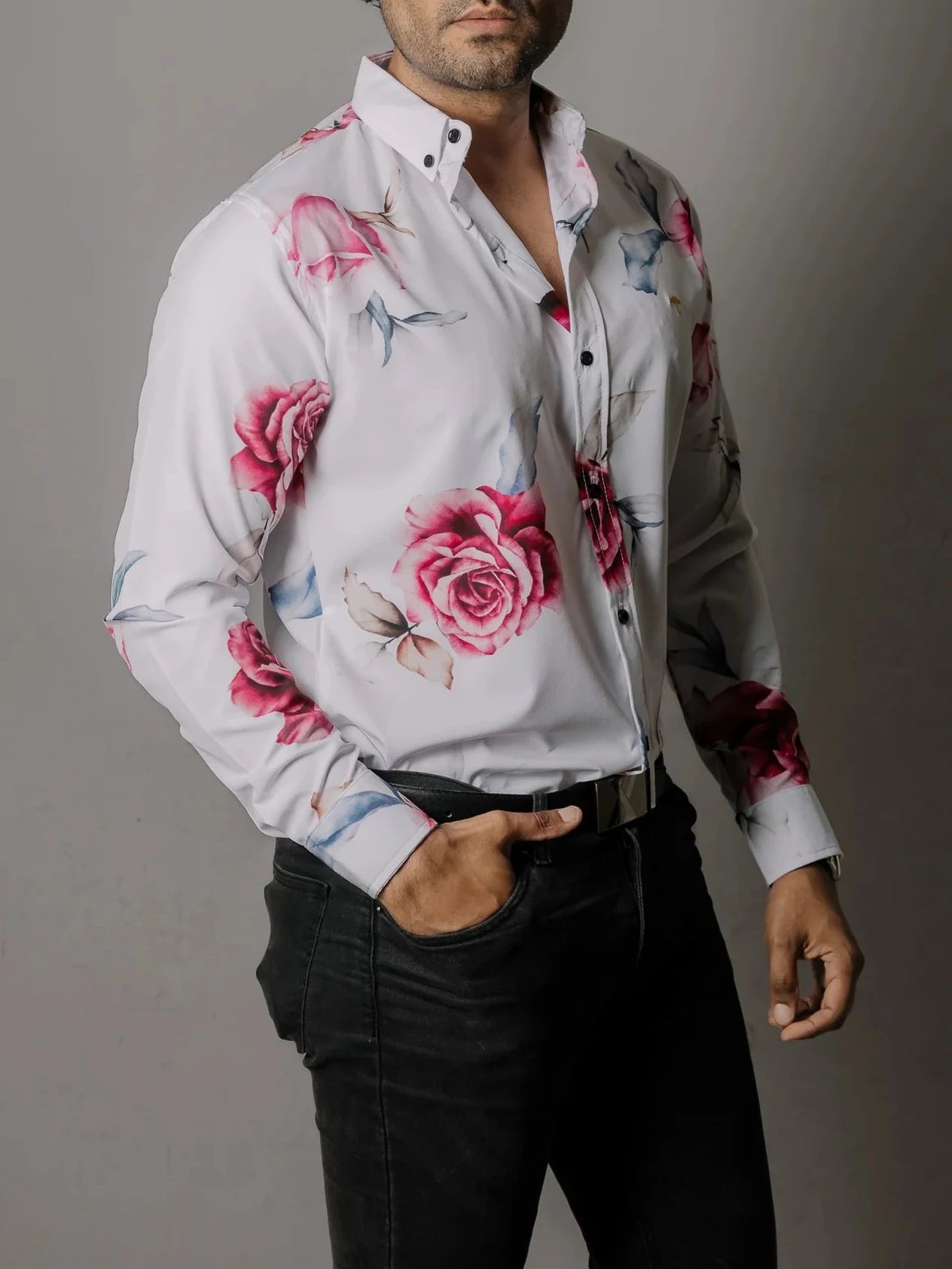 Camisa Hombre Casual Blanca Rosas