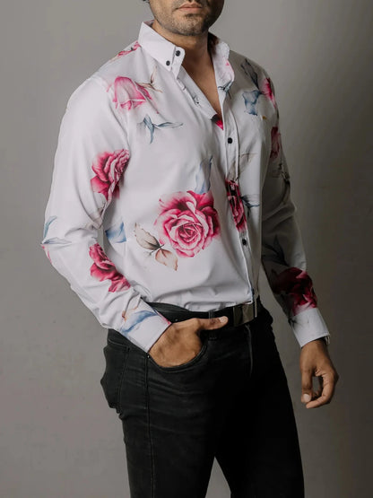 Camisa Hombre Casual Blanca Rosas