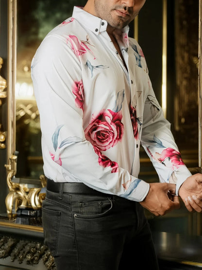 Camisa Hombre Casual Blanca Rosas