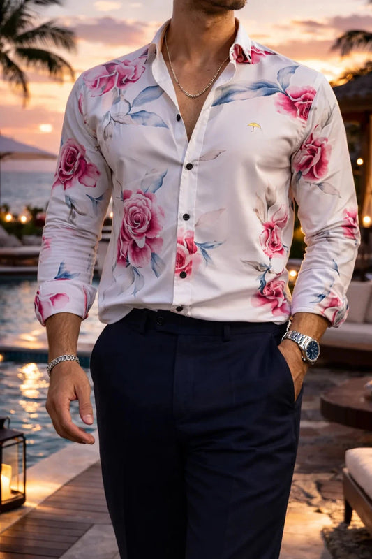 Camisa Hombre Casual Blanca Rosas