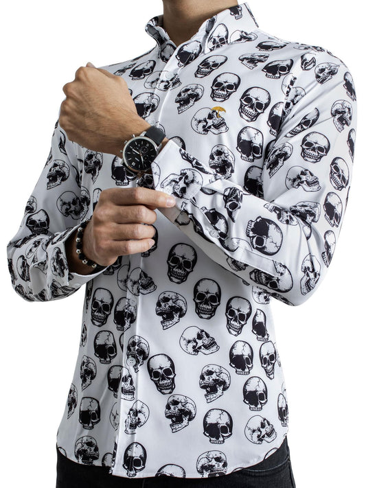 CAMISA HOMBRE CASUAL SLIM FIT BLANCA CALAVERAS NEGRAS