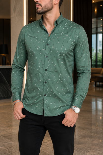 Camisa Manga Larga Verde Detalles Blancos Y Negros