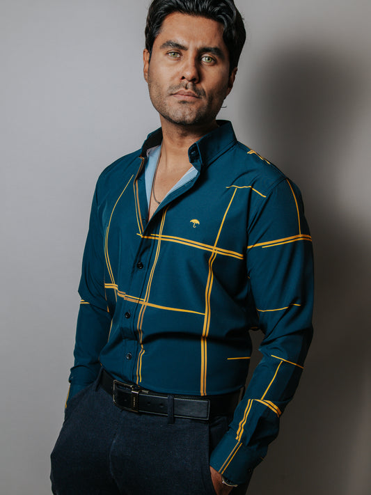 CAMISA SLIM FIT HOMBRE, AZUL DE PRUSIA, LÍNEAS DORADO