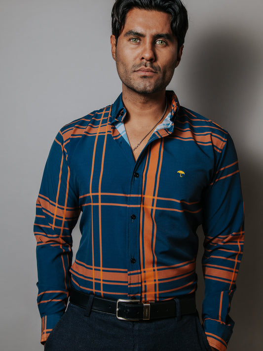 CAMISA SLIM FIT HOMBRE, MELÓN LÍNEAS NARANJA, NEGRA Y BLANCA