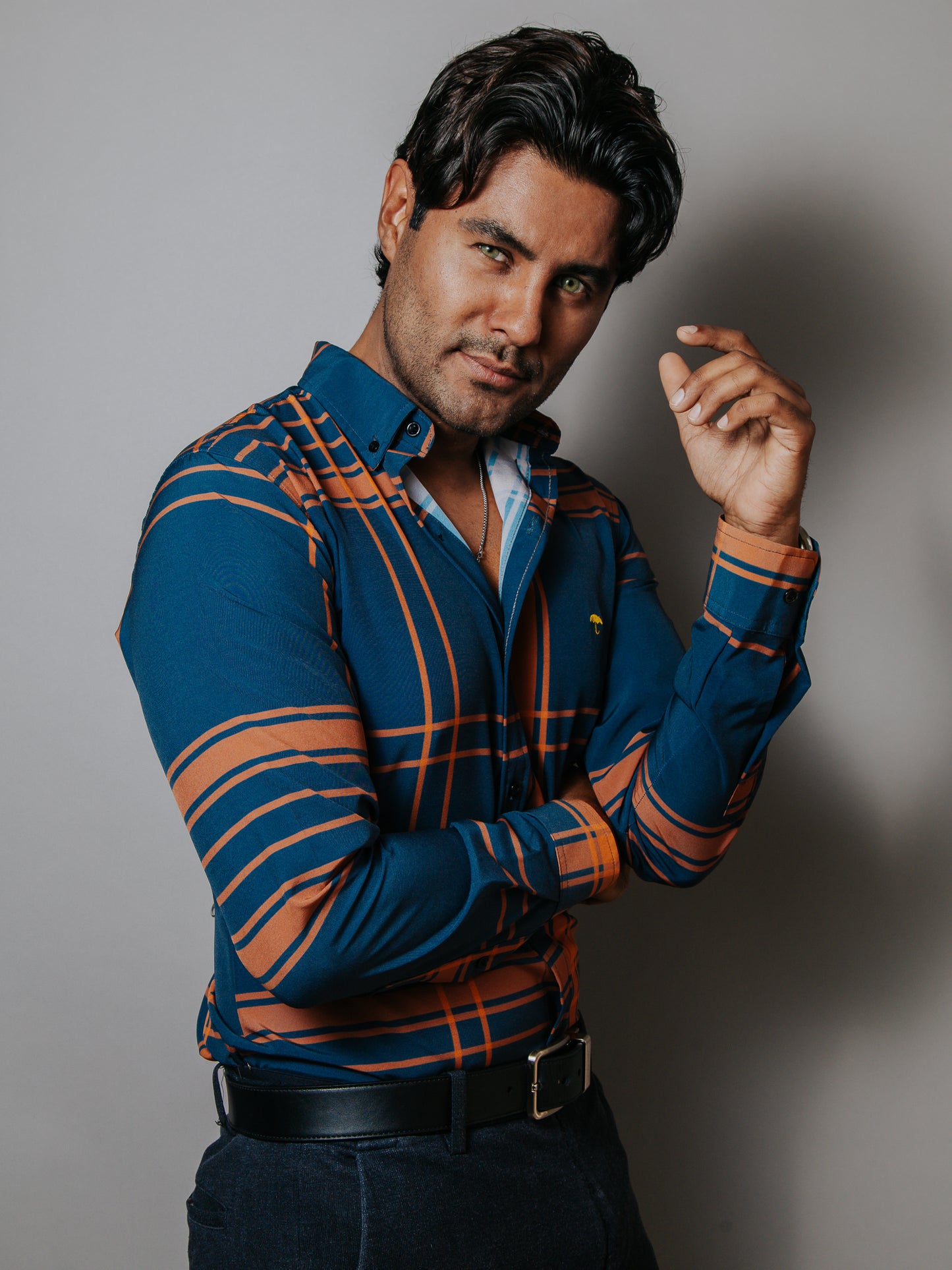 CAMISA SLIM FIT HOMBRE, MELÓN LÍNEAS NARANJA, NEGRA Y BLANCA