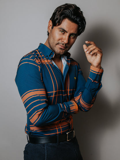 CAMISA SLIM FIT HOMBRE, MELÓN LÍNEAS NARANJA, NEGRA Y BLANCA