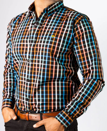 Camisa Hombre Casual Negra Cuadros Colores