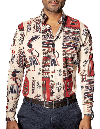 CAMISA CASUAL HOMBRE, BEIGE CON DISEÑO MIXTECO