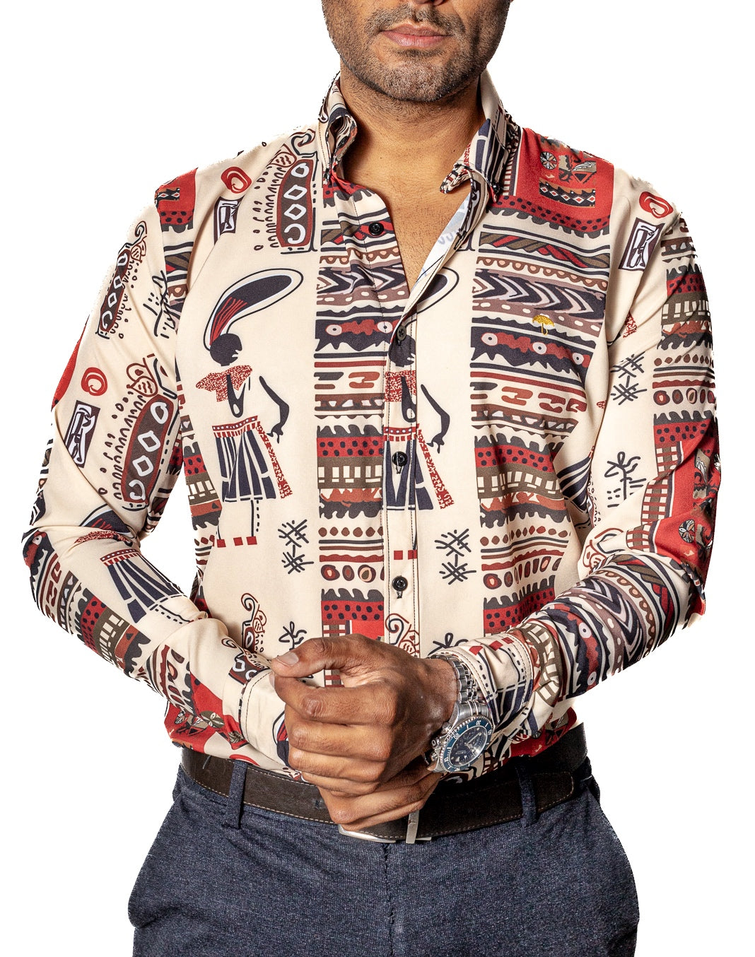 CAMISA CASUAL HOMBRE, BEIGE CON DISEÑO MIXTECO