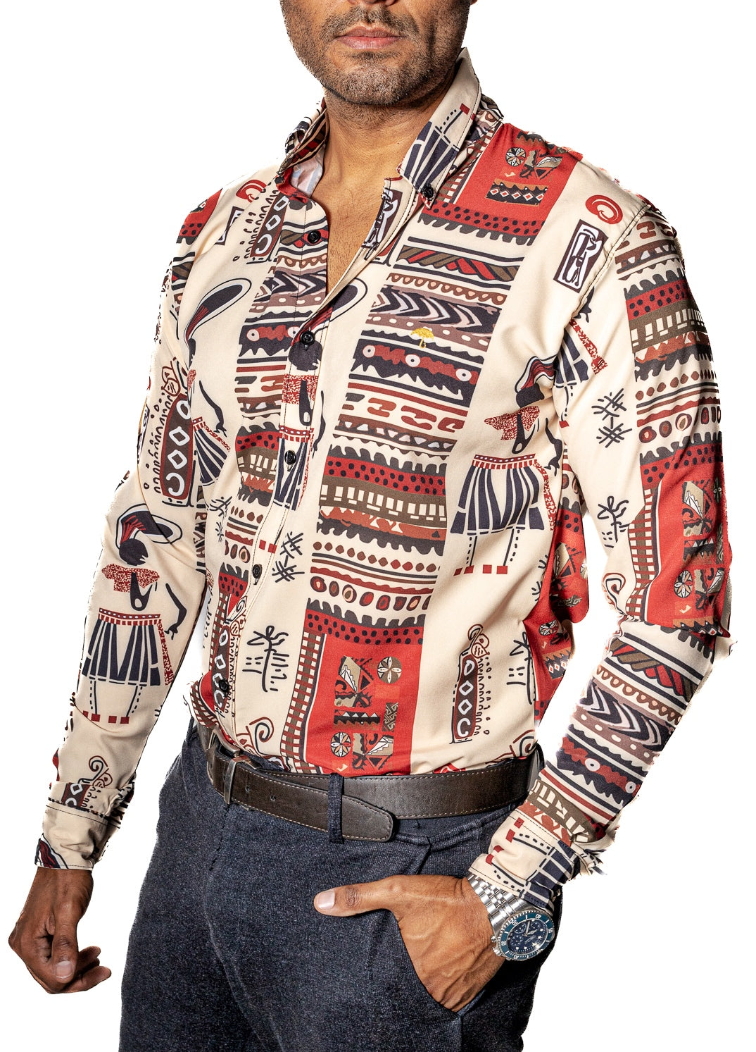 CAMISA CASUAL HOMBRE, BEIGE CON DISEÑO MIXTECO