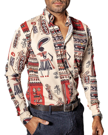 CAMISA CASUAL HOMBRE, BEIGE CON DISEÑO MIXTECO