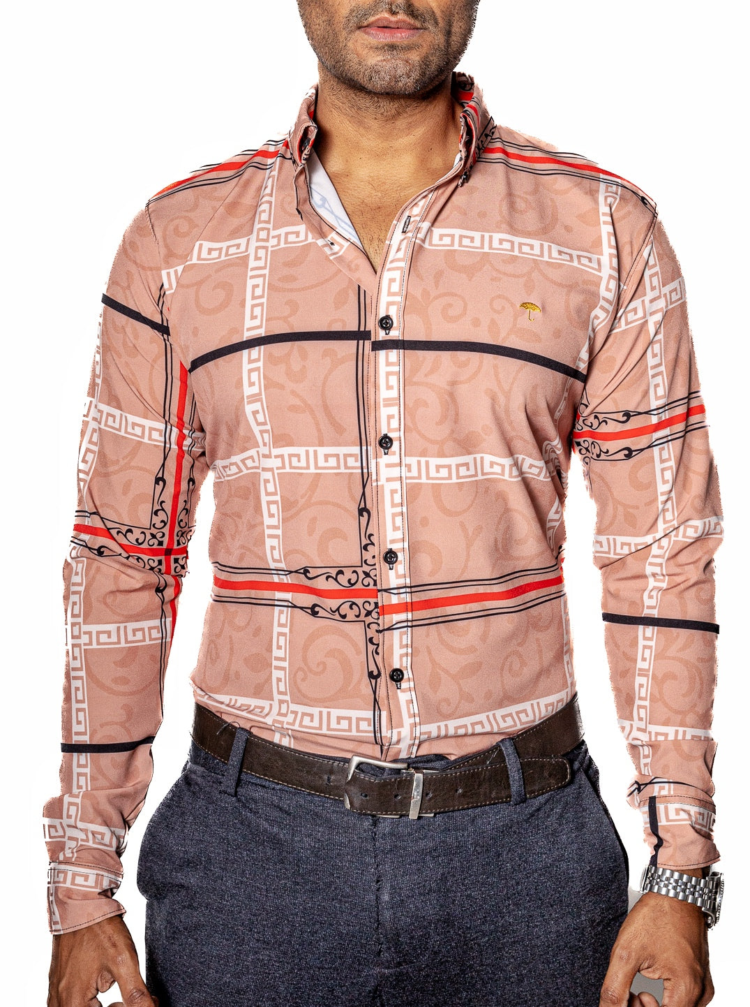 CAMISA CASUAL HOMBRE, ARENA PATRONES GRIEGOS ROJO NEGRO