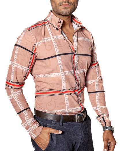 CAMISA CASUAL HOMBRE, ARENA PATRONES GRIEGOS ROJO NEGRO