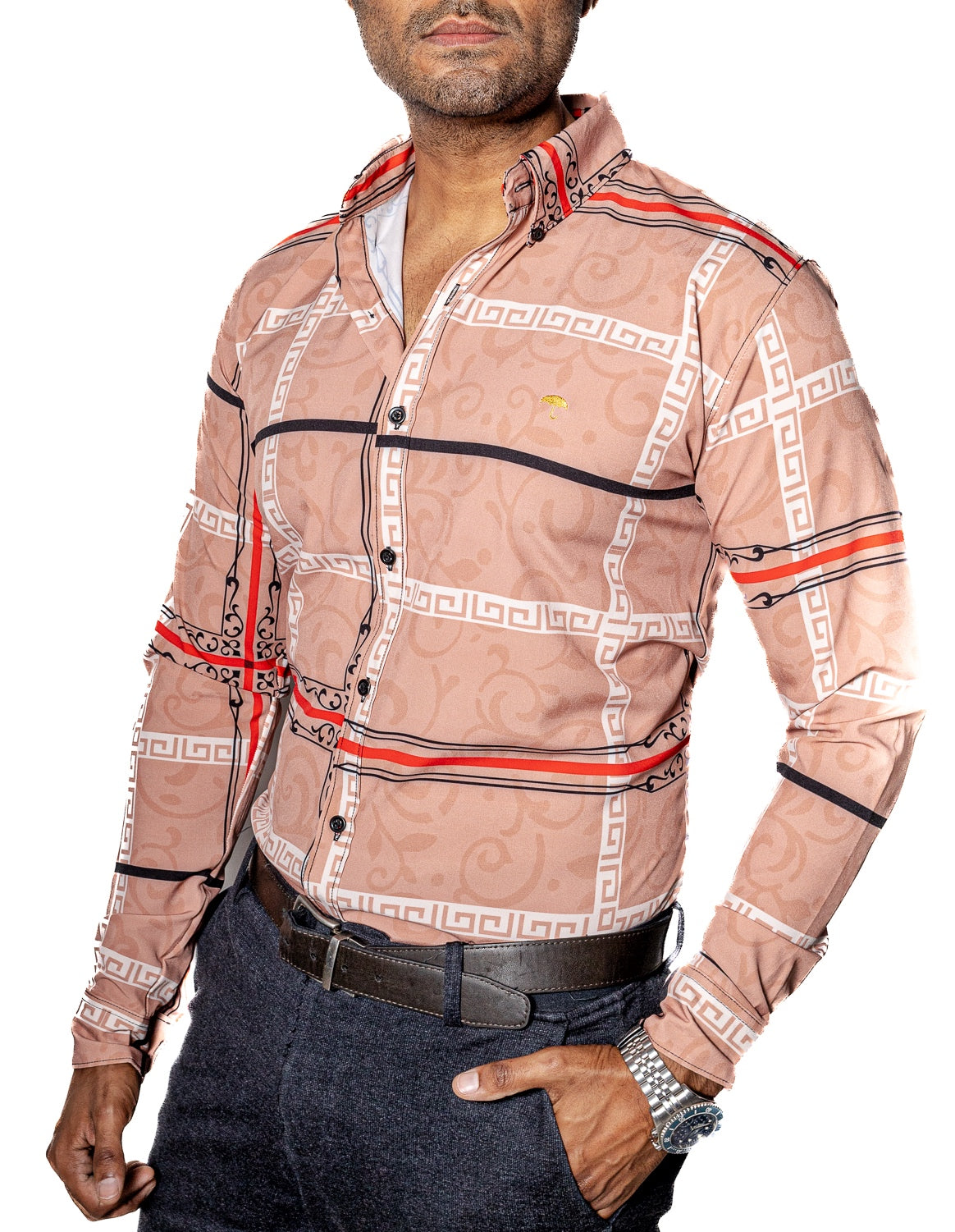 CAMISA CASUAL HOMBRE, ARENA PATRONES GRIEGOS ROJO NEGRO