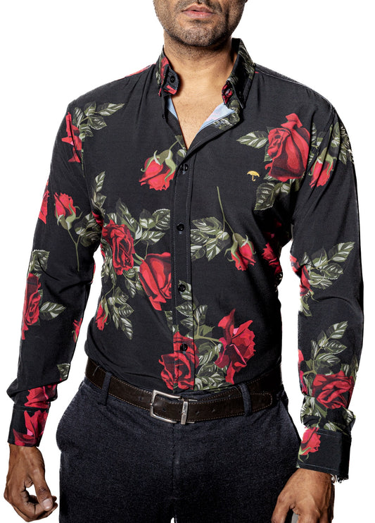 CAMISA  SLIM FIT NEGRA ROSAS ROJAS