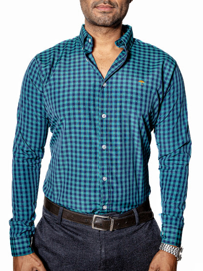 CAMISA HOMBRE CASUAL, CUADRO VERDE Y AZUL