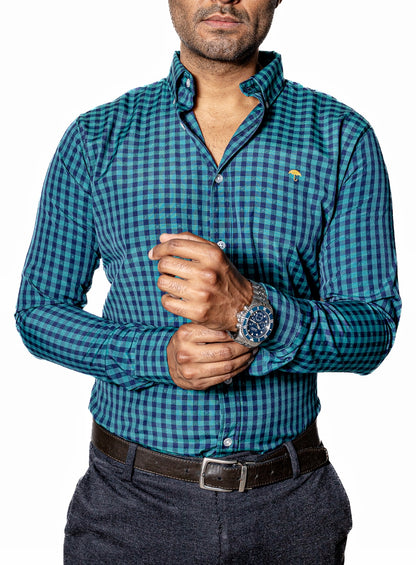 CAMISA HOMBRE CASUAL, CUADRO VERDE Y AZUL