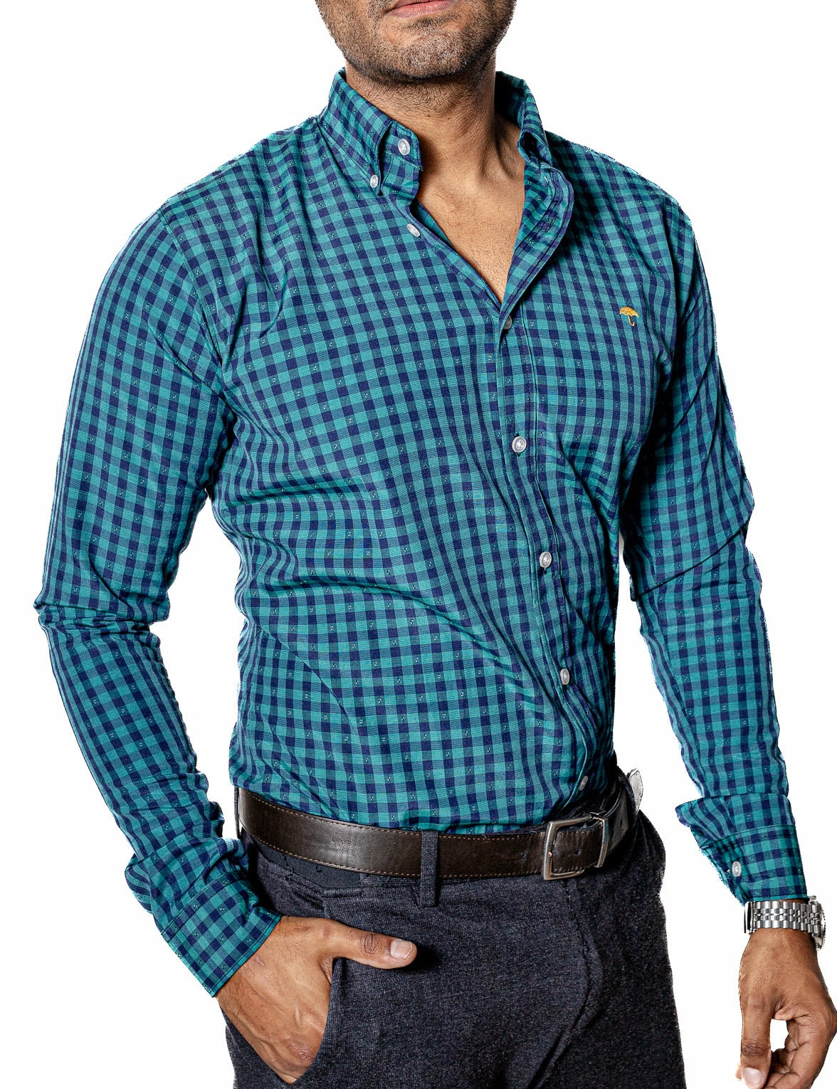 CAMISA HOMBRE CASUAL, CUADRO VERDE Y AZUL