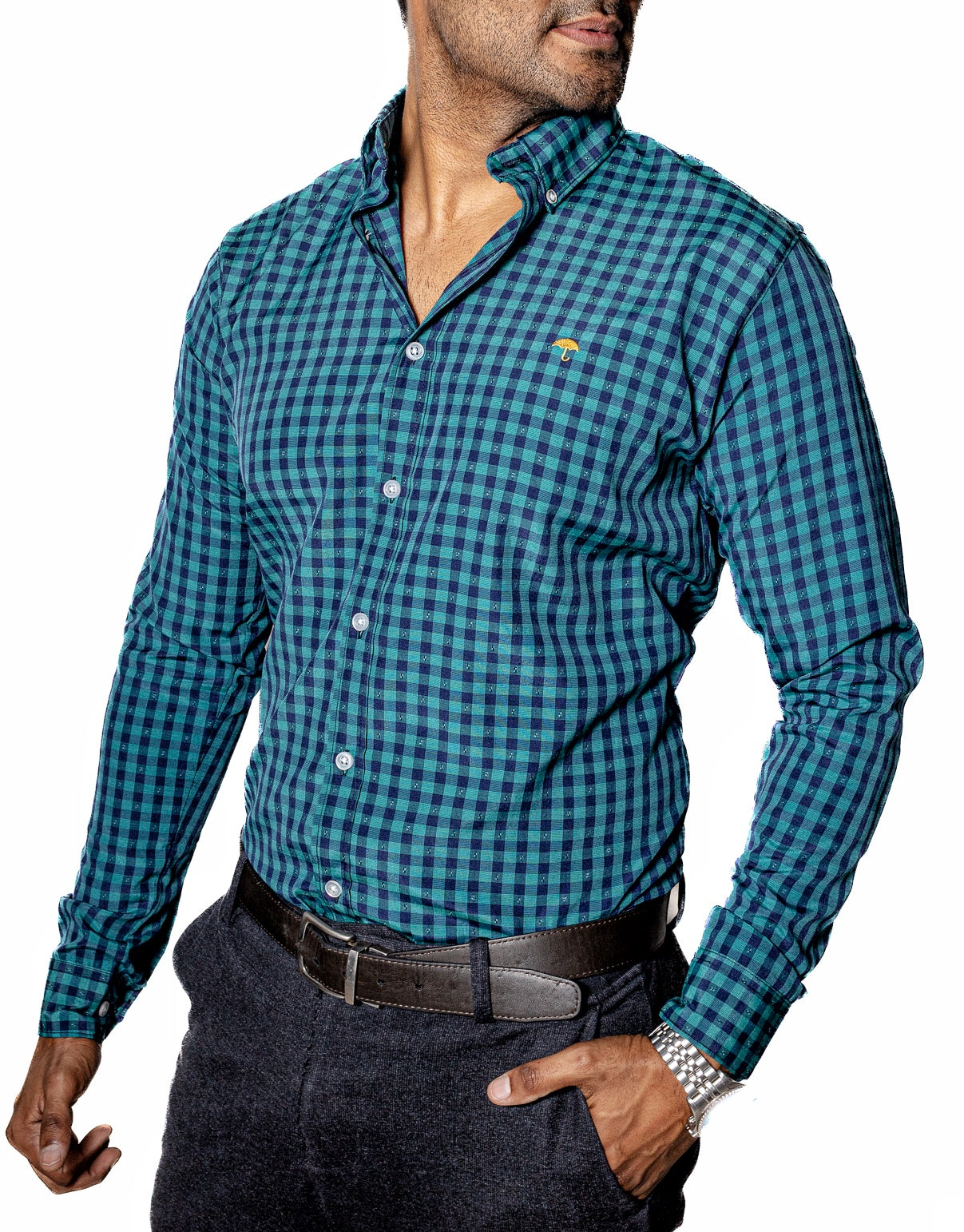 CAMISA HOMBRE CASUAL, CUADRO VERDE Y AZUL