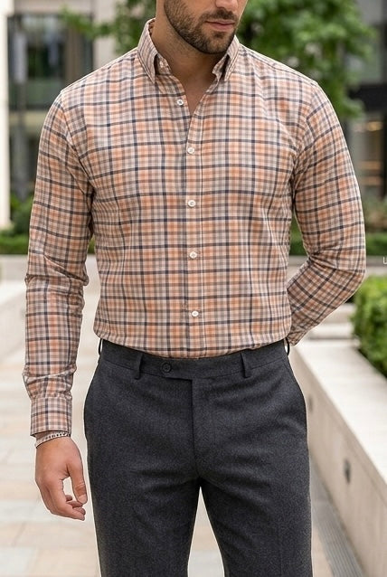 Camisa Manga Larga Cuadros Azules, Naranjas.