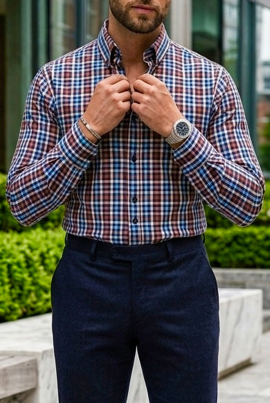 Camisa Manga Larga Cuadros Azules, Rojos y Blancos