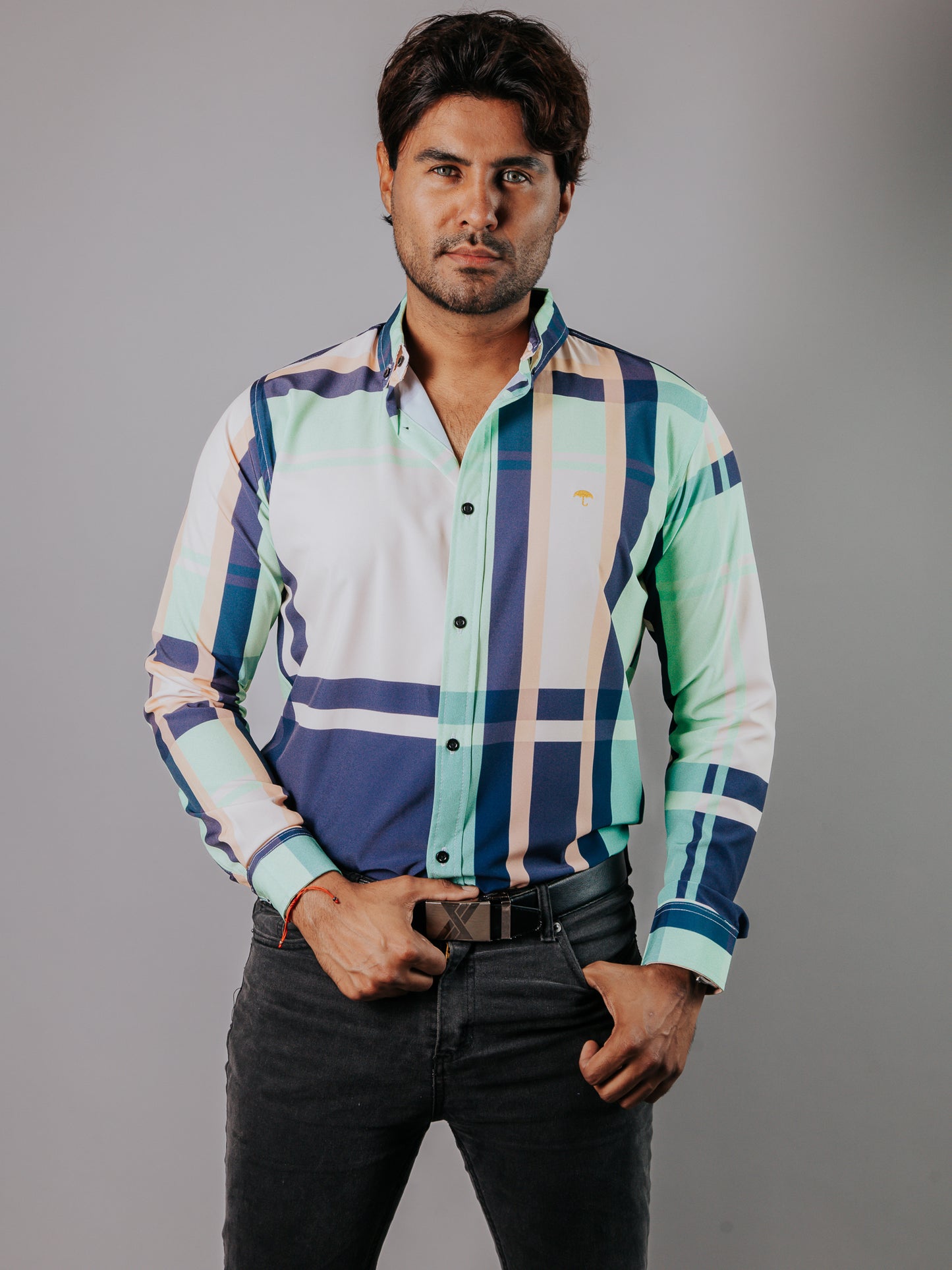 CAMISA HOMBRE SLIM FIT, CUADRO AZUL, BEIGE VERDE