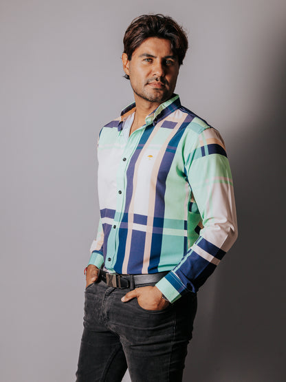 CAMISA HOMBRE SLIM FIT, CUADRO AZUL, BEIGE VERDE