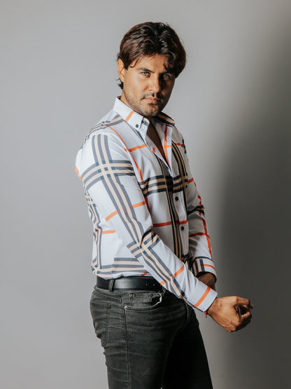 CAMISA HOMBRE SLIM FIT, CUADRO GRIS, BEIGE Y NARANJA