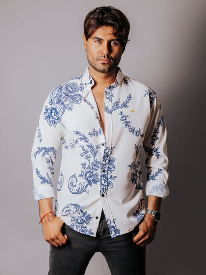 CAMISA HOMBRE SLIM FIT, FLORES AZUL